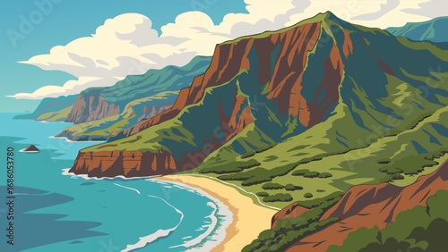 Coastal Mountain Landscape Ocean View Sandy Beach Cliffside Summer Vacation Tropical Paradise Nature Illustration Travel Poster Scenic Vista.