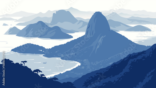 Coastal Mountain Range Landscape Blue Hues Panoramic View Scenic Vista Nature Background Ocean View Hillside Summer Vacation Travel Poster Tranquil Scene Calm Waters Serene Nature Mountain Peaks Blue.
