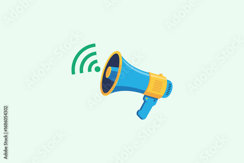 Blue megaphone with green sound waves on light green background
