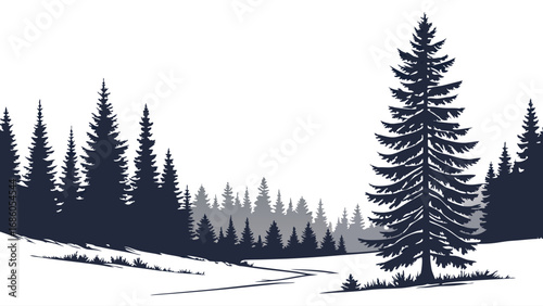 Coniferous Forest Silhouette Winter Landscape Snowy Path Evergreen Trees Nature Illustration.