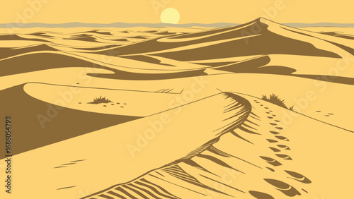 Desert landscape at sunset sand dunes footprints arid hot climate travel adventure nature illustration.