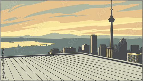 Elevated Cityscape View from Rooftop Deck at Sunset Urban Panorama Skyline Illustration.