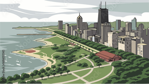 Elevated Cityscape View with Waterfront Park and Skyline Illustration.