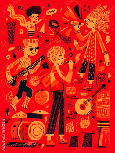 Energetic musical performance by a group of illustrated musicians.