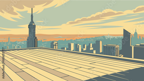 Elevated View of City Skyline from Rooftop Deck Urban Landscape Illustration Vintage Style.