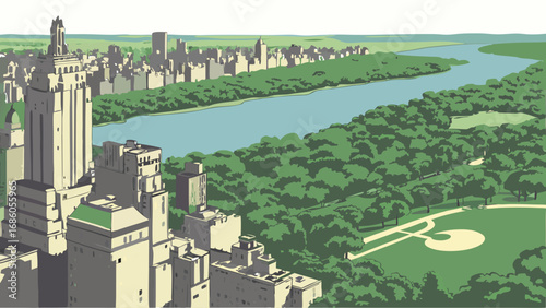 Elevated View of City Skyline and Park with River.