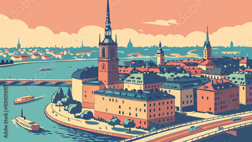 European Cityscape River Buildings Boats Bridge Travel Urban Architecture Panorama Illustration Vintage Retro Colorful Scenic View Summer Sunset City Town Skyline Landscape Water Transportation Vehic.