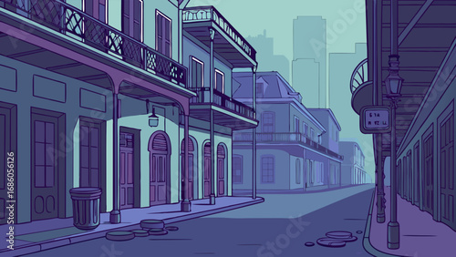 Evening City Street Scene with Balconies and Streetlights Vector Illustration.