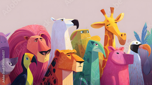 A diverse group of stylized cartoon animals looking together.