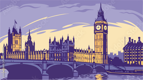 Evening cityscape illustration with a clock tower and bridge.