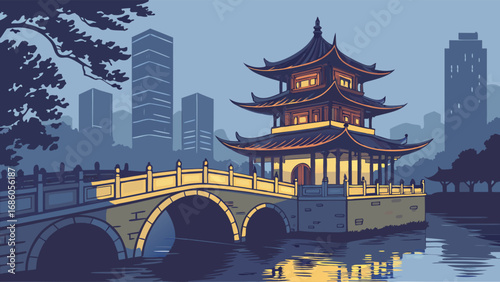 Evening Scene of Pagoda by Water with Bridge and City Skyline.