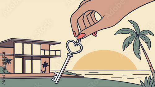 Hand holding key to modern house at sunset tropical illustration real estate concept.