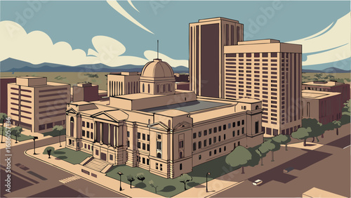High-angle view of a citys civic center featuring a large classical building surrounded by modern skyscrapers and trees under a partly cloudy sky.