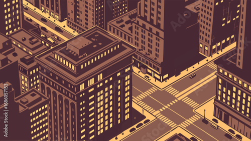 High-angle view of city street at night stylized illustration urban scene isometric perspective building facades traffic crosswalk.