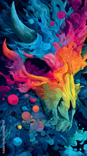Vibrant abstract painting of a mythical horned creature head.