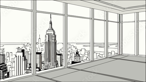 High-rise Office Interior with City View Sketch Modern Building Urban Landscape Illustration Panoramic Window Design.