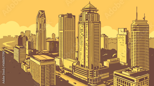 High-rise Cityscape Urban Skyline Modern Architecture Golden Hour Illustration.