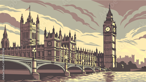 Historic Architecture by River Tower Clock and Bridge Evening Skyline Illustration.