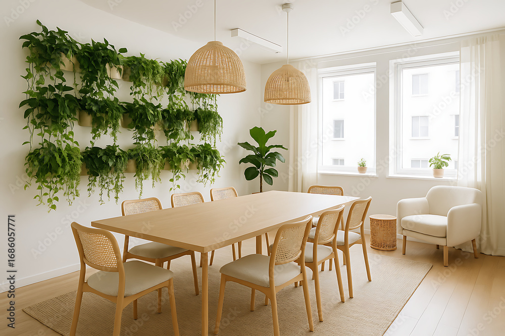 Fototapeta premium conference room green living. A bright, modern dining area featuring a large wooden table, rattan chairs, and lush green plants on the wall, creating a fresh and inviting atmosphere.