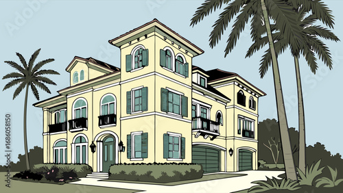 Illustration of a Mediterranean style house with palm trees.