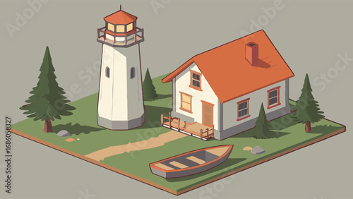 Isometric illustration of a coastal house lighthouse and small boat idyllic seaside scene perfect for childrens books game assets or travel brochures.