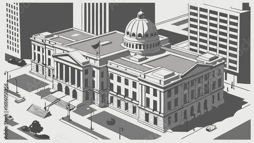 Isometric Illustration of a Grand Governmental Building in a City Setting.