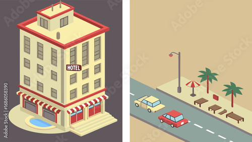 Isometric illustration of a hotel building with cars and outdoor seating.