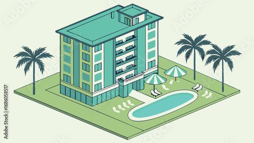 Isometric Illustration of a Tropical Resort Building with Pool and Palm Trees.