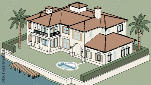 Isometric illustration of a waterfront luxury house with a pool and dock tropical style architecture drawing home design real estate.