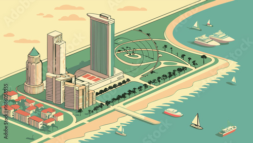 Isometric illustration of coastal city skyline beach and boats perfect for travel tourism and real estate marketing.