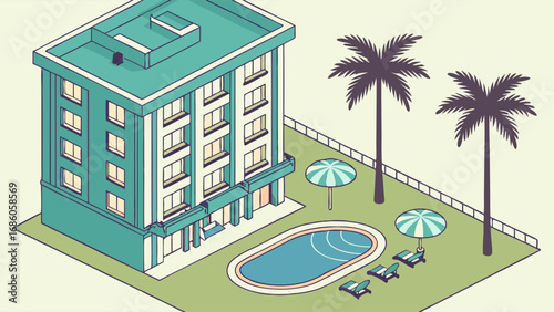 Isometric Illustration of Hotel with Pool and Palm Trees Vacation Resort Graphic Design.