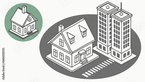 Isometric illustration of residential house and apartment buildings urban architecture design city buildings real estate home and office buildings.