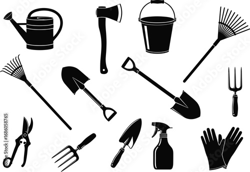 Silhouette gardening tools set, black vector illustration, shovel, rake, watering can, pruning shears, bucket, gloves, spray bottle, garden equipment icons