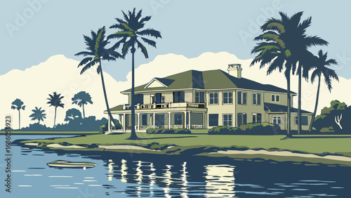 Large Waterfront House with Palm Trees and Boat Luxury Home Illustration Tropical Estate.