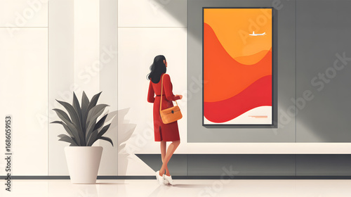 Elegant Woman in Red Dress Admiring Artwork in a Modern Gallery.