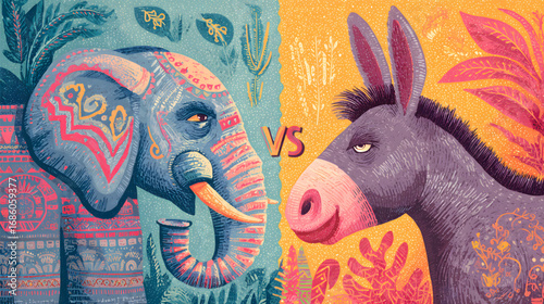 Republican Elephant Versus Democratic Donkey Political Symbols.