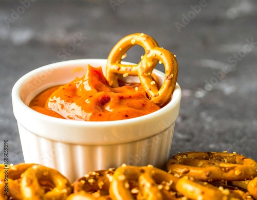 Spicy pretzel dip in small bowl
