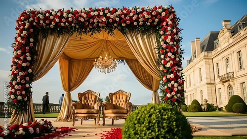 Luxurious Wedding Ceremony Setup Elegant Mandap Red White Roses Chateau Background.