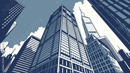 Low Angle View of Modern City Skyline Urban Architecture Skyscrapers Business District Illustration.