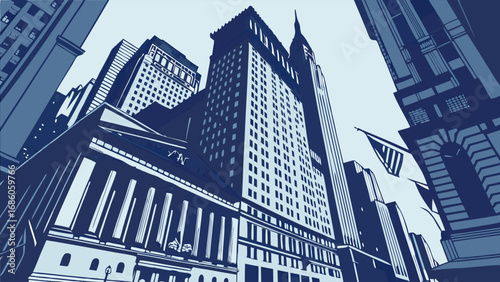 Low Angle View of Modern City Skyline Tall Buildings and Architectural Details in Blue Tones.