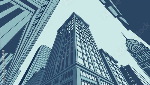 Low Angle View of Modern Cityscape Skyscrapers and Buildings Urban Architecture Illustration.