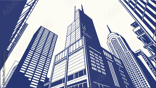 Low Angle View of Modern Skyscrapers Cityscape Illustration Urban Architecture Design.