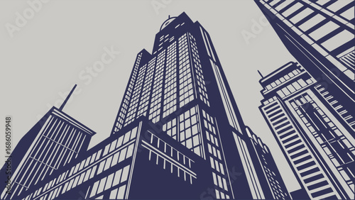 Low Angle View of Modern Skyscrapers Urban Architecture Cityscape Illustration.