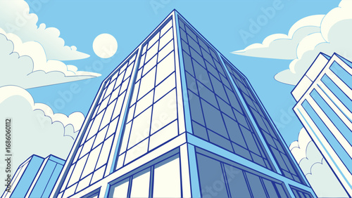 Low-Angle View of Modern Buildings Against a Blue Sky with Clouds Ideal for Business and Cityscape Designs.