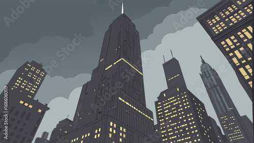 Low-angle view of skyscrapers at dusk city skyline urban landscape modern architecture nighttime city.