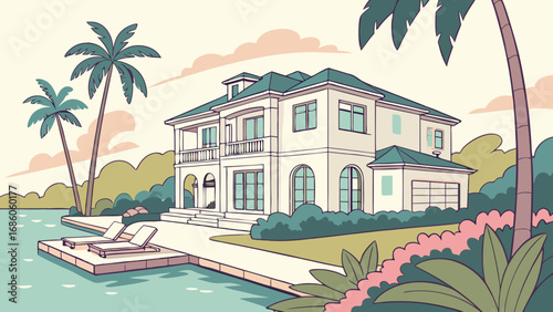 Luxury Waterfront Home Tropical Landscape Vacation Rental Illustration.