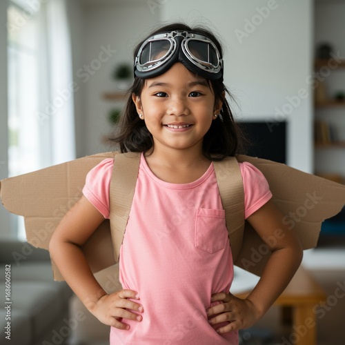 Medium close-up of a 6-year-old Asian-Brazilian girl wearing aviator glasses and cardboard wings, standing with her hands on her hips in a superhero pose, smiling confidently, in an AI-generated famil