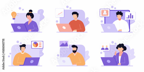 Diverse individuals collaborating and working on laptops with various business and creative elements