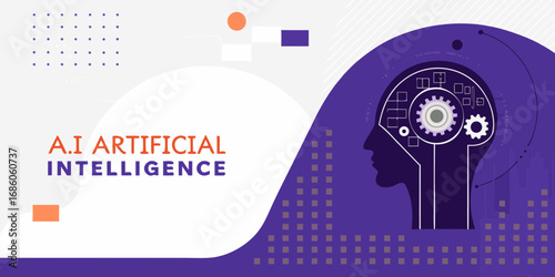 Artificial intelligence concept with a human head silhouette and internal gears representing the brain
