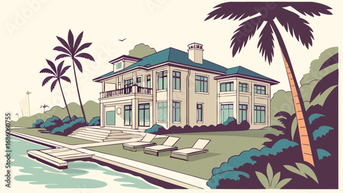 Luxury Waterfront Mansion Tropical House Poolside Relaxation Vacation Home Illustration.